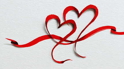 Two intertwined red ribbon hearts on a textured white background, symbolizing love and celebration