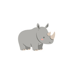 Stylized flat illustration of a gray rhinoceros, with pink cheeks and two horns