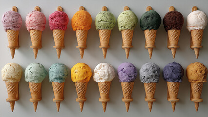 A white wall showcases vertical rows of ice cream cones, each topped with vibrant, slightly melting scoops in assorted flavors. The colorful display evokes freshness, summer fun, and sweet variety.