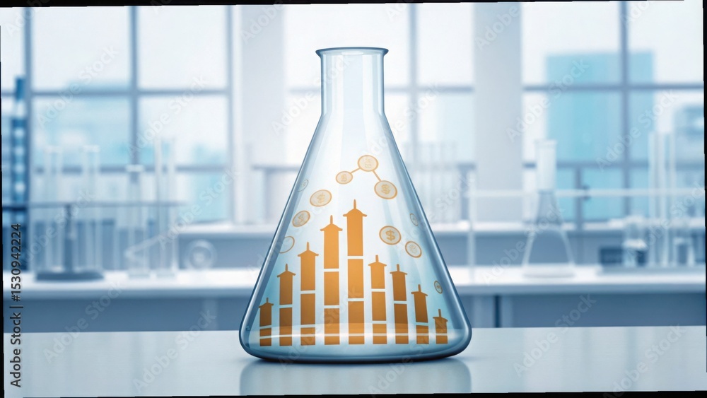 Poster finance concept with molecular structures in laboratory flask