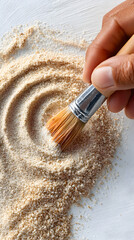 Hand gently brushing fine sand in a swirling pattern on a white surface, showcasing texture and artistry in a creative process. Selective focus