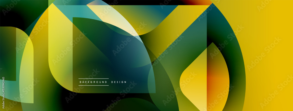 Poster abstract geometric shapes overlap, creating vibrant color gradients. yellow, green, blue hues blend 
