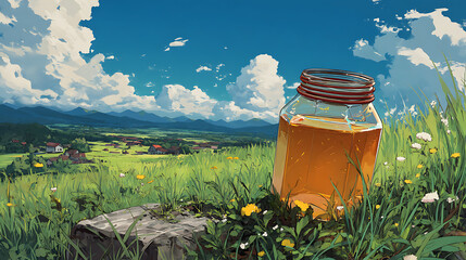 A serene landscape featuring a jar of honey on a rock, surrounded by vibrant wildflowers and mountains
