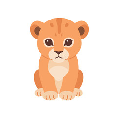 Front view of a stylized, flat-art orange lion cub with a neutral expression on a white background