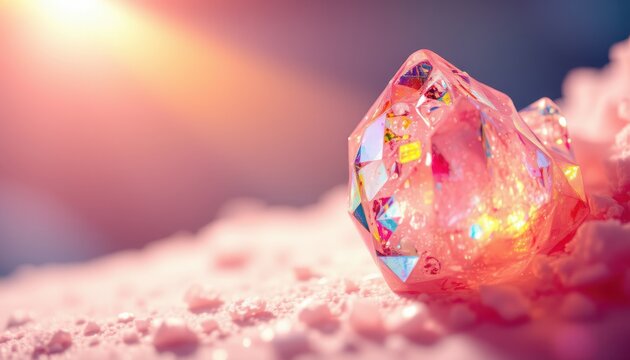 create a photo of microscopic loperamide crystals illuminated by polarized light under morning radiance on the right