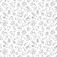 Kitchenware seamless outline Pattern. Hand drawn lines of kitchen tools. Kitchen utensils for poster, fabric decoration, packaging, menu, background, printing. Cartoon vector illustration