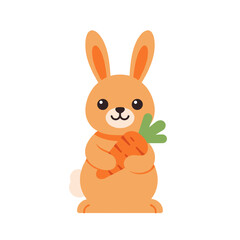 Obraz premium Cartoon rabbit holds an orange carrot against a solid white backdrop