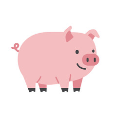 Simple cartoon illustration of a pink pig with a curly tail on a white background
