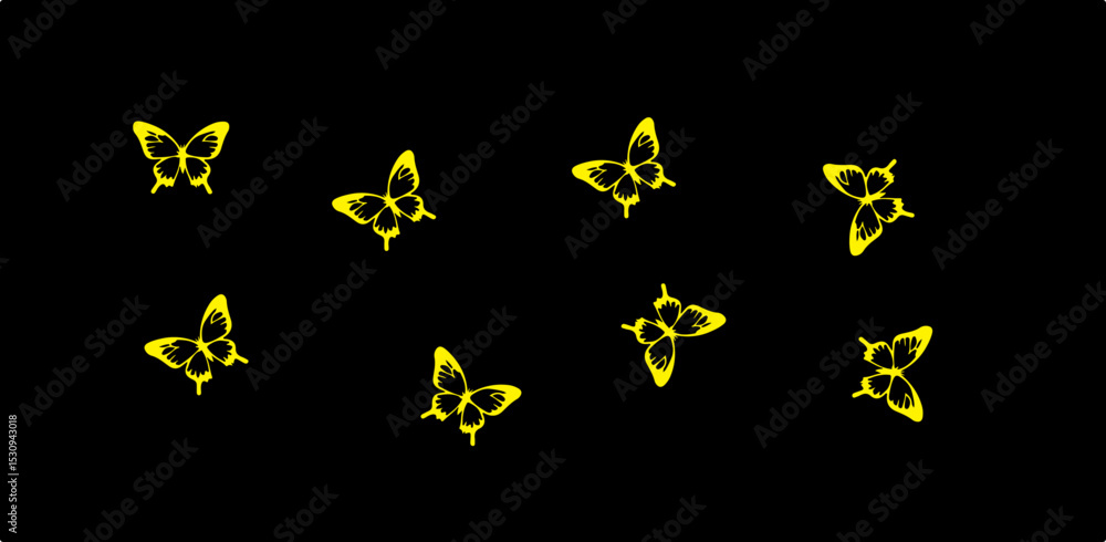 Poster a simple image of eight yellow butterflies scattered on a black background in a symmetrical arrangem