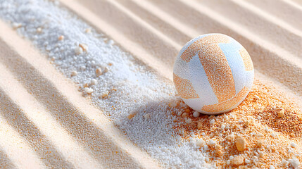 Volleyball resting on sandy surface with textured patterns, showcasing vibrant colors and natural elements in a serene outdoor environment. Selective focus