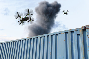Military drones carrying bombs fly out of a blue container against a thick column of smoke.