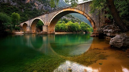 Fototapeta premium Ancient Stone Bridge Reflecting on Serene Emerald River