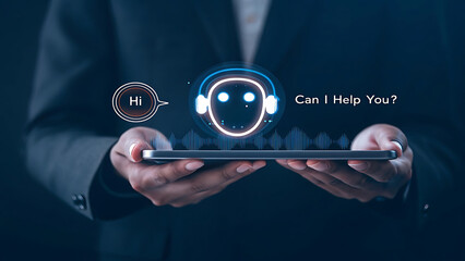 AI chatbot technology, virtual assistant for customer service, futuristic smart automation, AI-powered chatbot on tablet, digital business support, artificial intelligence conversation bot. futuristic