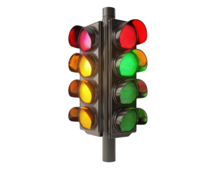 Traffic light, all colors lit, on black background