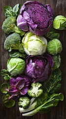 Broccoli and Brussels sprouts add diversity to the rustic arrangement.