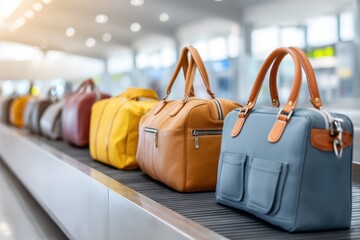 Colorful luggage bags on airport conveyor belt, ready to be claimed by passengers after arrival.