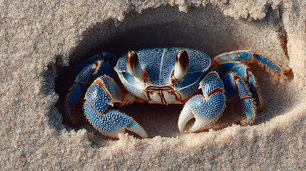 Blue crab emerging from sandy burrow, showcasing intricate textures and vibrant colors, highlighting marine life in natural habitat. Selective focus