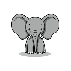 Naklejka premium Cute, gray cartoon elephant with big ears, black outline, trunk and small eyes on a white background