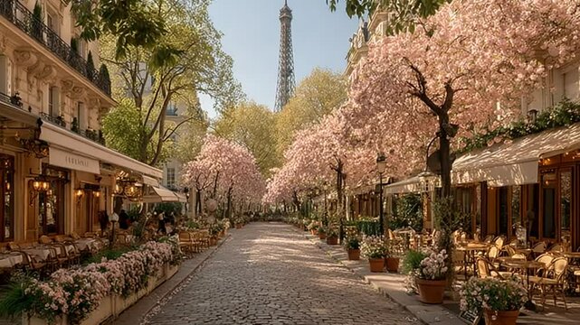 Springtime in Paris: Charming cafe scene with blooming cherry trees and Eiffel Tower backdrop