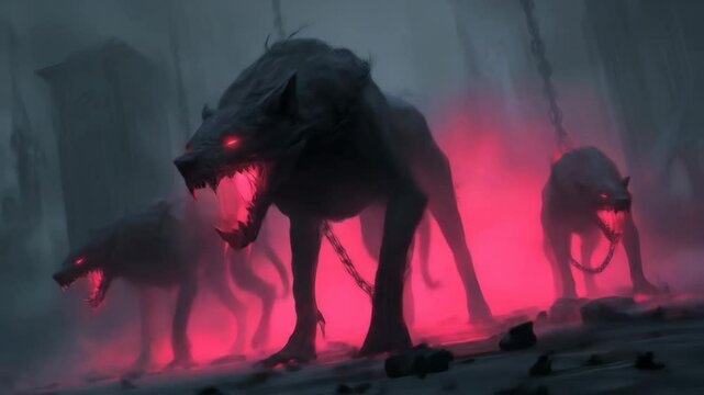 Dark monstrous dogs in a misty forest