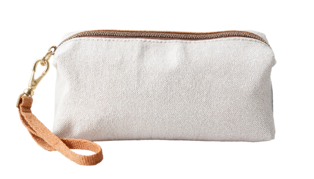 Simple canvas pouch with zipper and wrist strap in neutral color  