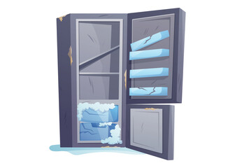 Cartoon Vector of Old Refrigerator with Rust Stains, Broken Shelves, Ice Buildup and Scratches. Damaged Kitchen Appliance isolated Illustration