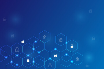 Digital technology cybersecurity concept with padlock and polygon shape on blue gradient background