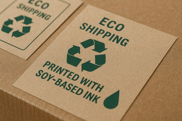 Eco-friendly shipping label printed with soy-based ink featuring a recycling symbol on a brown cardboard surface.