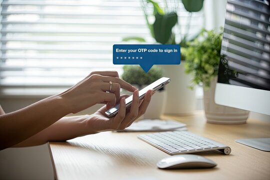 Woman using smartphone for otp code verification and secure login