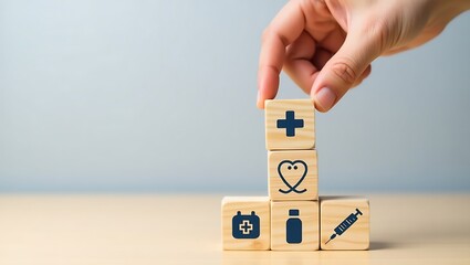 Hand placing wooden block with plus sign healthcare concept