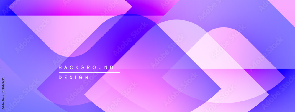 Poster abstract geometric shapes overlap, creating vibrant purple, pink gradients. modern design element fo