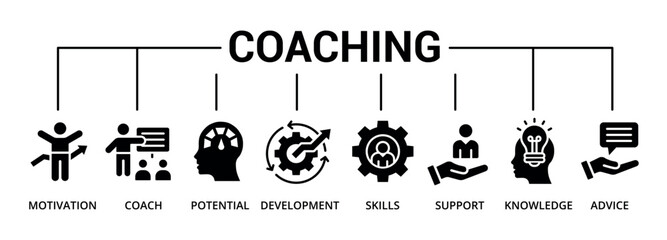 Coaching banner glyph icon with motivation, coach, potential, development, skills, support, knowledge, advice