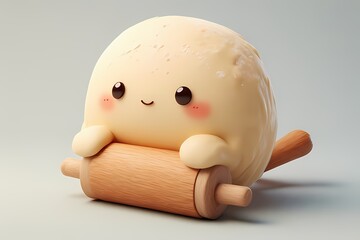 Rolling pin hugging dough with a face imprint — lightly floured and blushing, in bakery beige tones