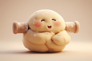 Rolling pin hugging dough with a face imprint — lightly floured and blushing, in bakery beige tones