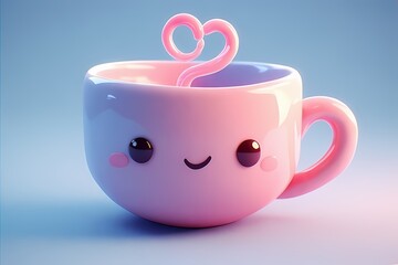 Smiling teacup with a tiny steam swirl shaped like a heart — glossy ceramic finish in baby blue and pink