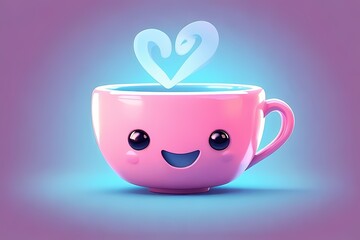 Smiling teacup with a tiny steam swirl shaped like a heart — glossy ceramic finish in baby blue and pink