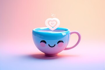 Smiling teacup with a tiny steam swirl shaped like a heart — glossy ceramic finish in baby blue and pink