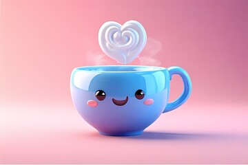 Smiling teacup with a tiny steam swirl shaped like a heart — glossy ceramic finish in baby blue and pink