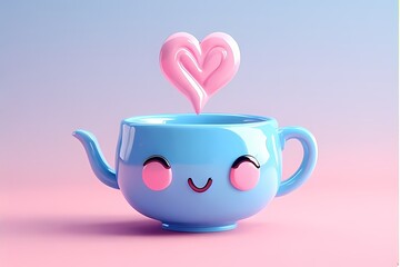 Smiling teacup with a tiny steam swirl shaped like a heart — glossy ceramic finish in baby blue and pink