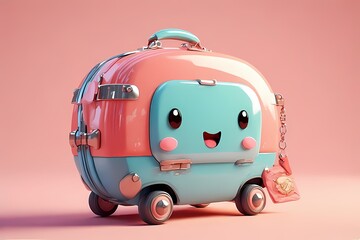 Round suitcase with happy face, blushing wheels, and dangling passport charm — rendered in glossy coral and turquoise