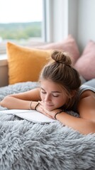 A young woman with a bun hairstyle lies on a cozy bed, resting her head on her arms, and reading a book near a window with soft natural light.
