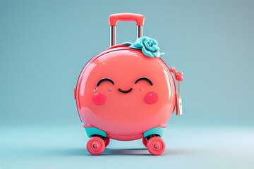 Round suitcase with happy face, blushing wheels, and dangling passport charm — rendered in glossy coral and turquoise