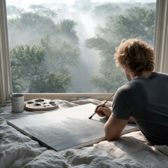 A person paints on a canvas by a large window overlooking a foggy tree-filled landscape, with art supplies nearby on the bed.