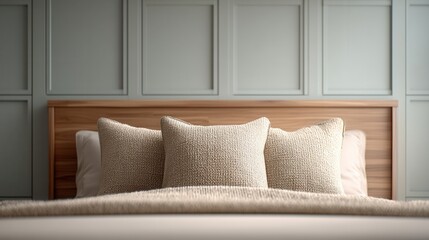 Fototapeta premium Cozy bed with three textured beige pillows against a wooden headboard and paneled wall in a modern, neutral-toned bedroom.