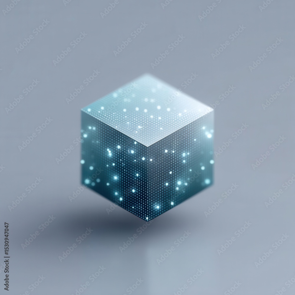 Fototapete a glowing digital cube with dispersed light particles floats against a soft gray background, symboli
