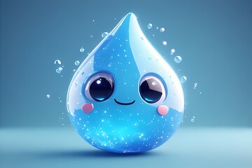 Chubby raindrop in soft blue with big eyes and sparkles inside — floating like jelly.