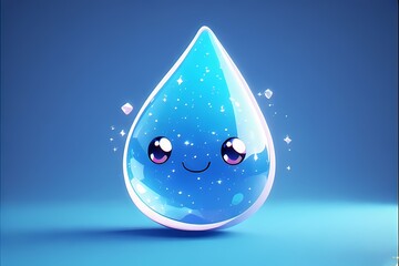 Chubby raindrop in soft blue with big eyes and sparkles inside — floating like jelly.