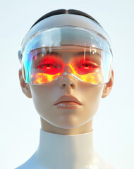 Young person wearing futuristic transparent visor with glowing red digital interface in clean studio portrait, cyberpunk virtual reality concept for innovation and technology advertising