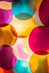 Diagonal lines crossing vibrant circles, warm to cool color transitions with a reflective finish 