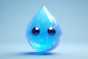 Chubby raindrop in soft blue with big eyes and sparkles inside — floating like jelly.